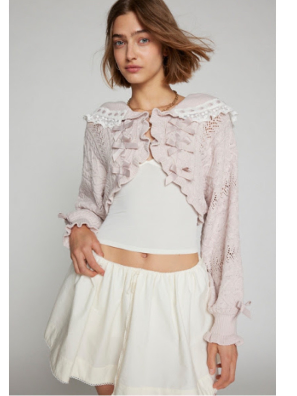 Light Pink Ruffle-Trim Knit Cropped Sweater